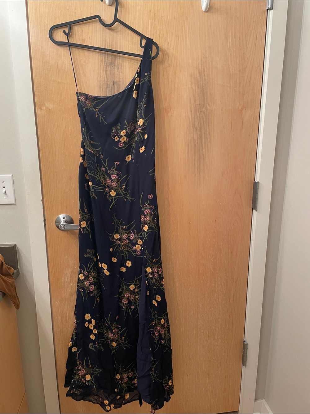 Reformation Navy One-Shoulder Floral Maxi Dress